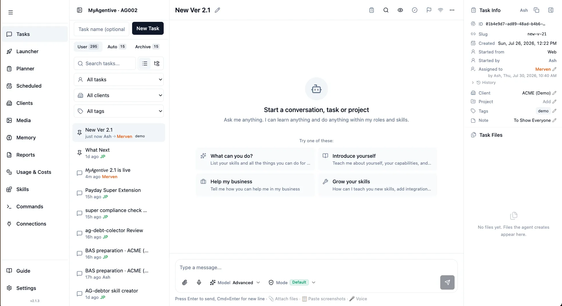 MyAgentive v2.1 desktop web interface showing the task list, conversation view, task launcher suggestions and the Task Info panel with client, project and assignment details