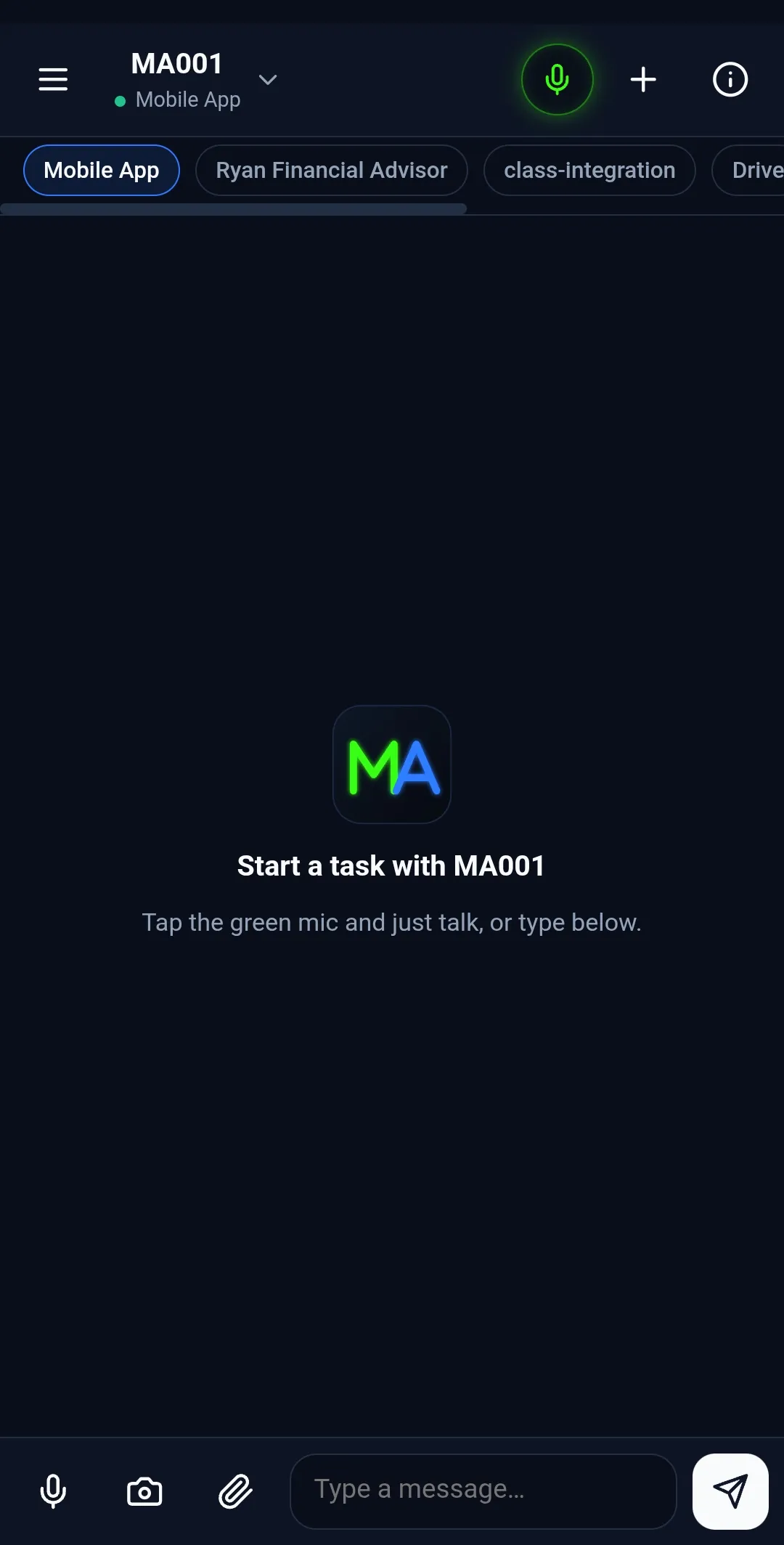 MyAgentive mobile app showing the MA001 AI Employee chat with a green voice button, agent switcher tabs and a message box