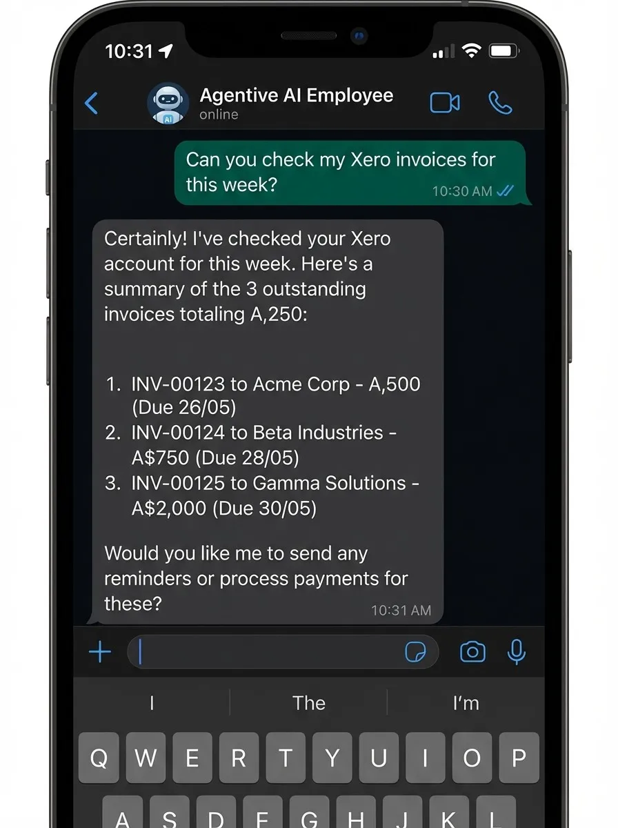 Agentive AI Employee WhatsApp chat interface showing a conversation with the AI assistant on mobile