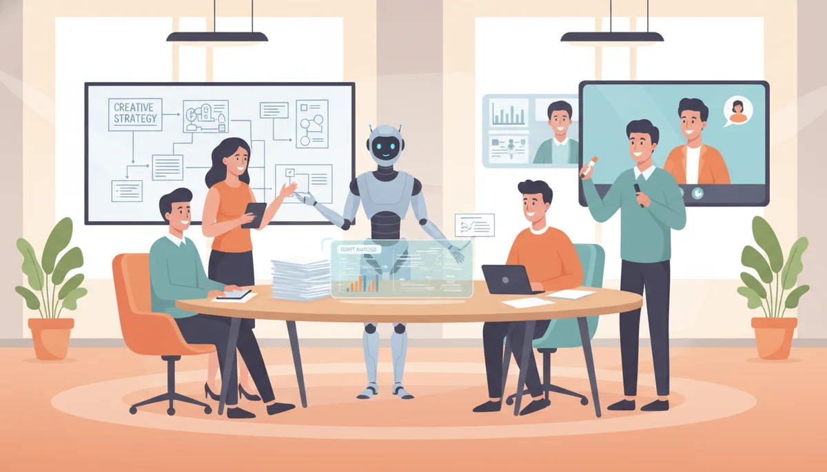 Human team members collaborating alongside an AI colleague, showing partnership and augmentation rather than replacement