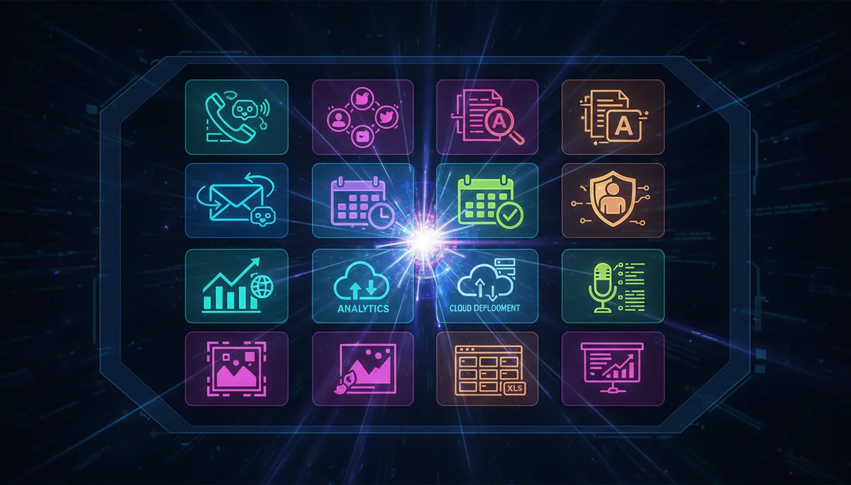Grid of twelve AI automation capabilities including phone calls, social media posting, document processing, and cloud deployment