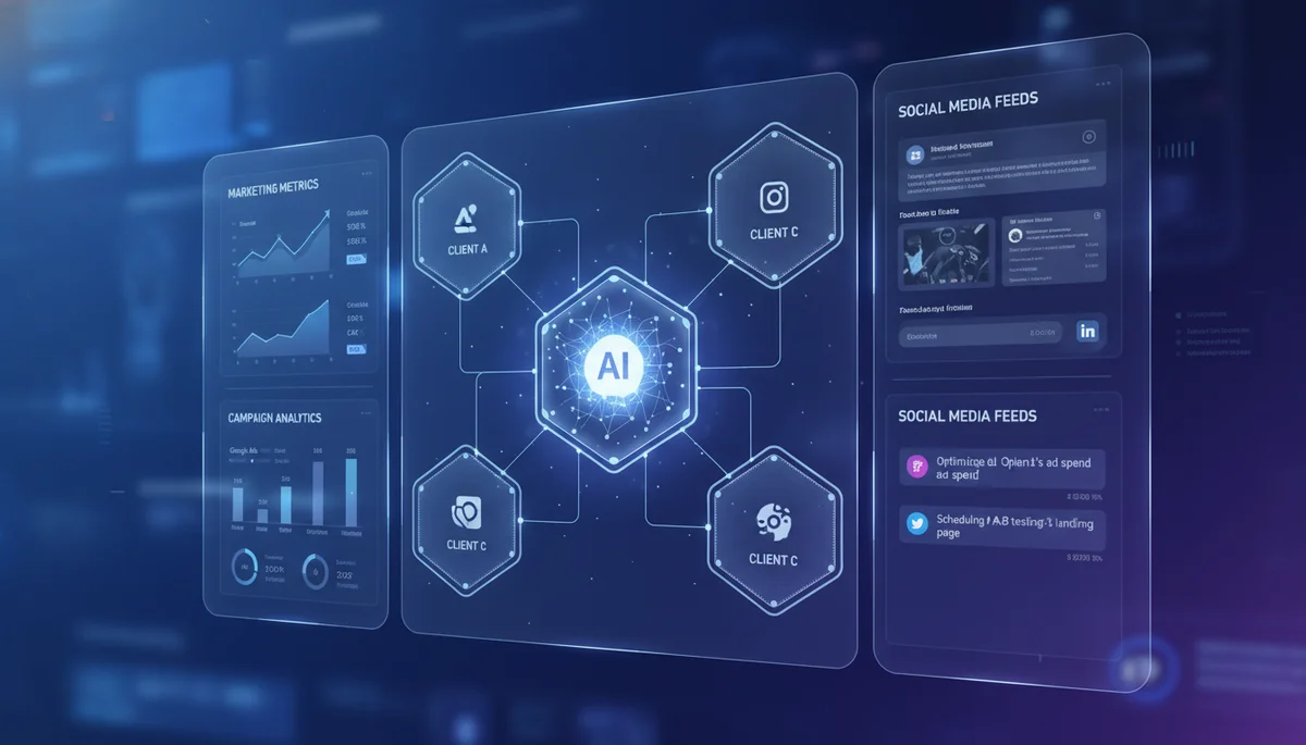 AI employee dashboard automating growth agency marketing campaigns, analytics, and client reporting workflows