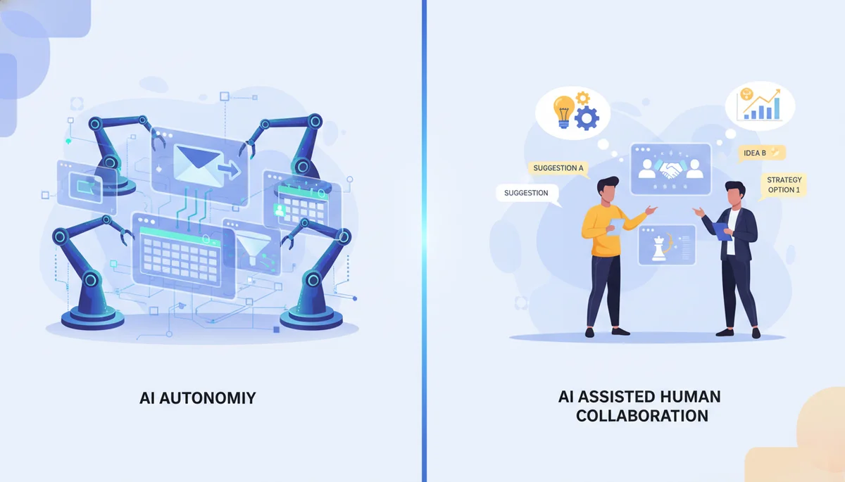 Side-by-side comparison of AI-owned autonomous workflows versus AI-assisted human workflows in business operations
