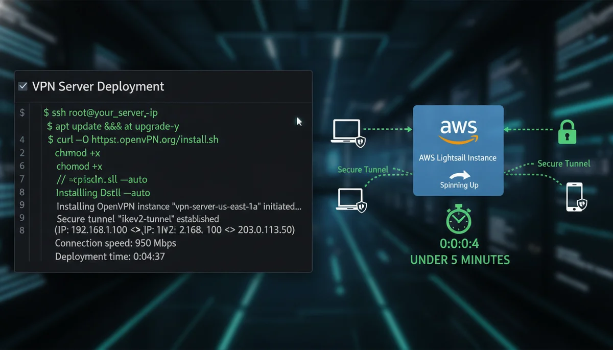 AI employee autonomously deploying a VPN server on AWS Lightsail using terminal commands and cloud infrastructure