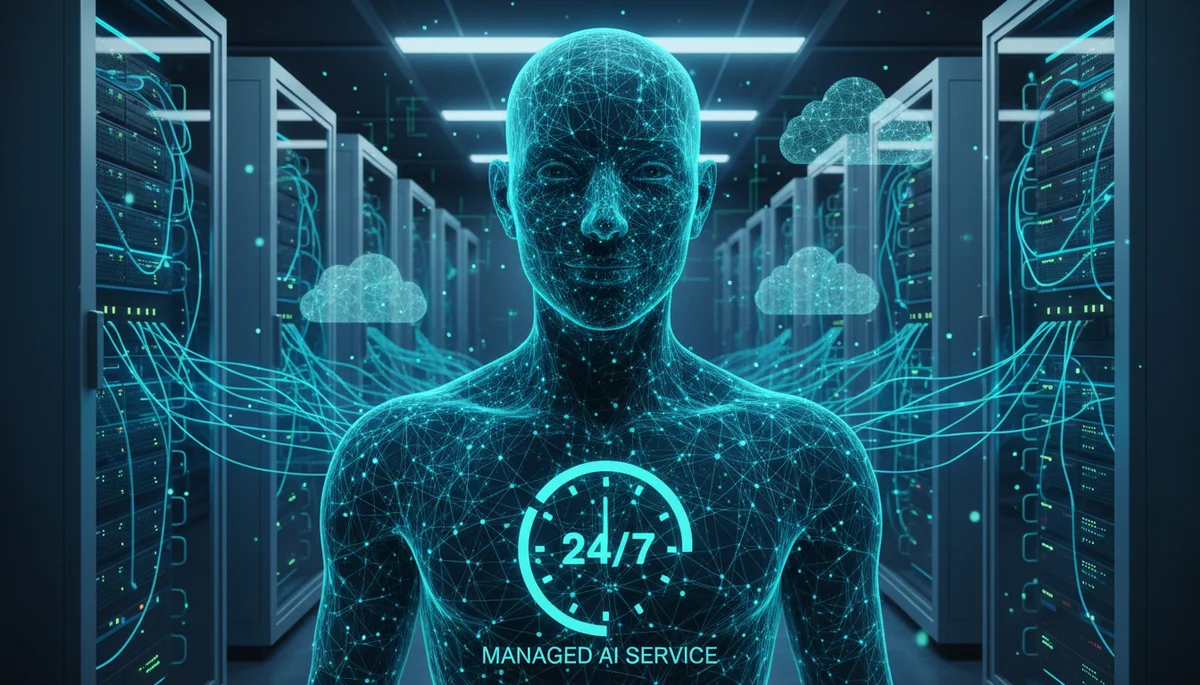 Managed AI employee operating 24/7 in a secure cloud data centre with automated business workflow connections