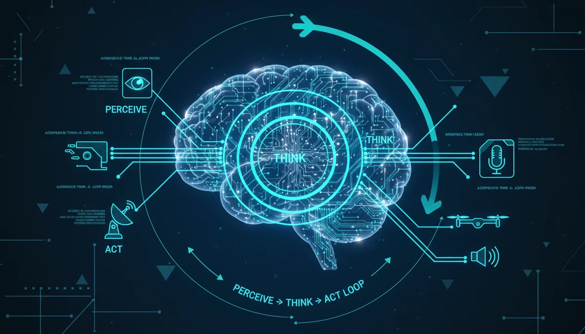 AI agent neural network visualisation showing the perceive, think, and act decision loop with interconnected glowing nodes